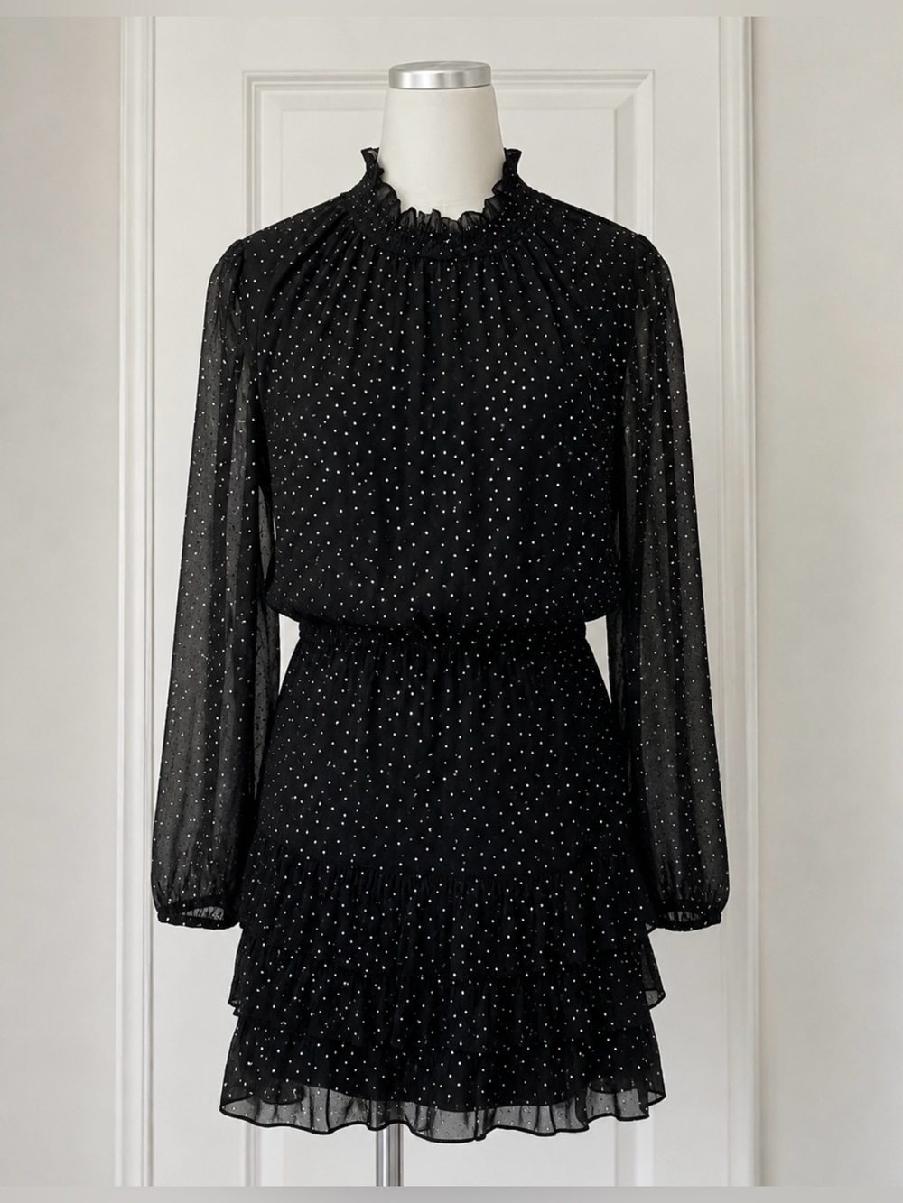 1. State Smocked Ruffle Dress in Black and Silver Polka Dots.